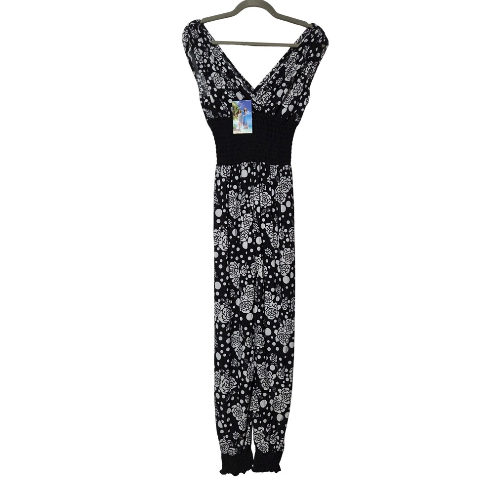 Black White Floral Silk Polyester‎ Jumpsuit Smocked Waist Wide Leg Pants M